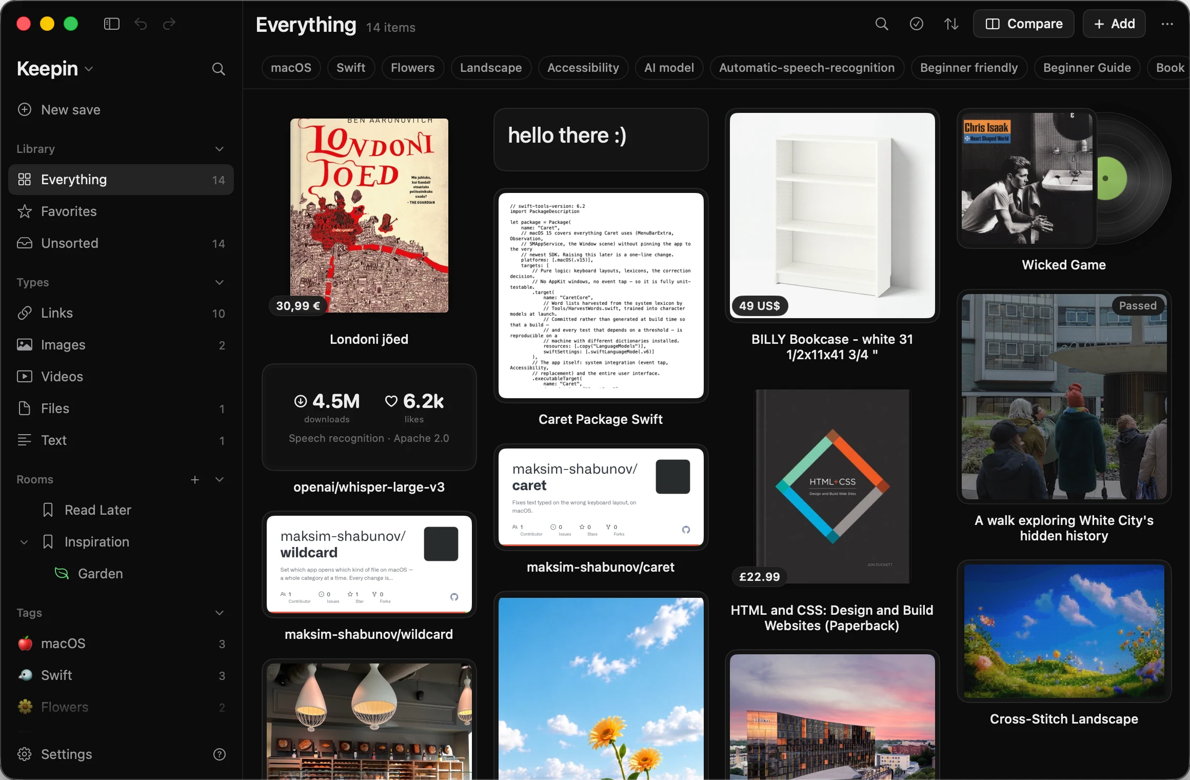 The Keepin window: a board of saved links, images and files, with rooms and tags in the sidebar.